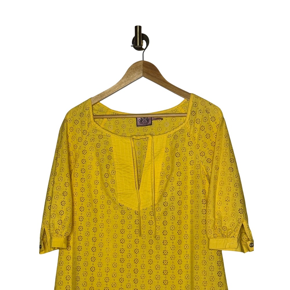 Y2K Juicy Couture Yellow Eyelet Boho Mini Dress Cottagecore Medium - Picture 3 of 9